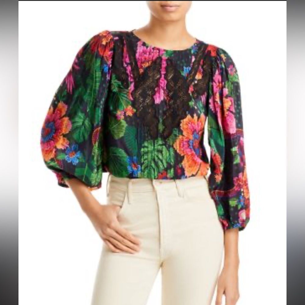 New FARM Rio Blooming Garden Lace Trim Blouse Small